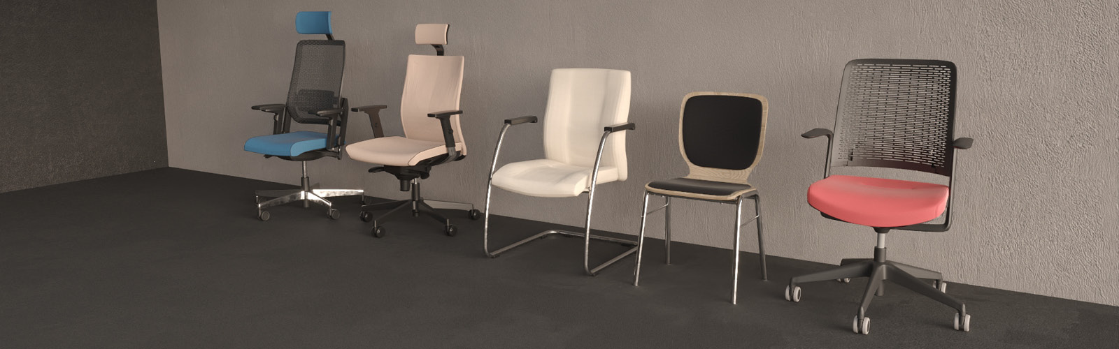 Zestaw krzeseł ułożony w ciemnym wnętrzu - modele obrotowe z zagłowkiem i bez, konferencyjna wersja na płozie oraz na nogach.